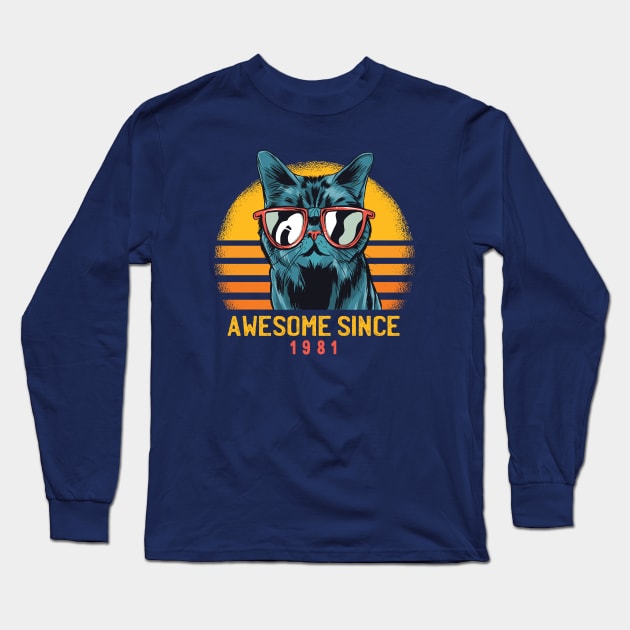 Retro Cool Cat Awesome Since 1981 // Awesome Cattitude Cat Lover Long Sleeve T-Shirt by Now Boarding